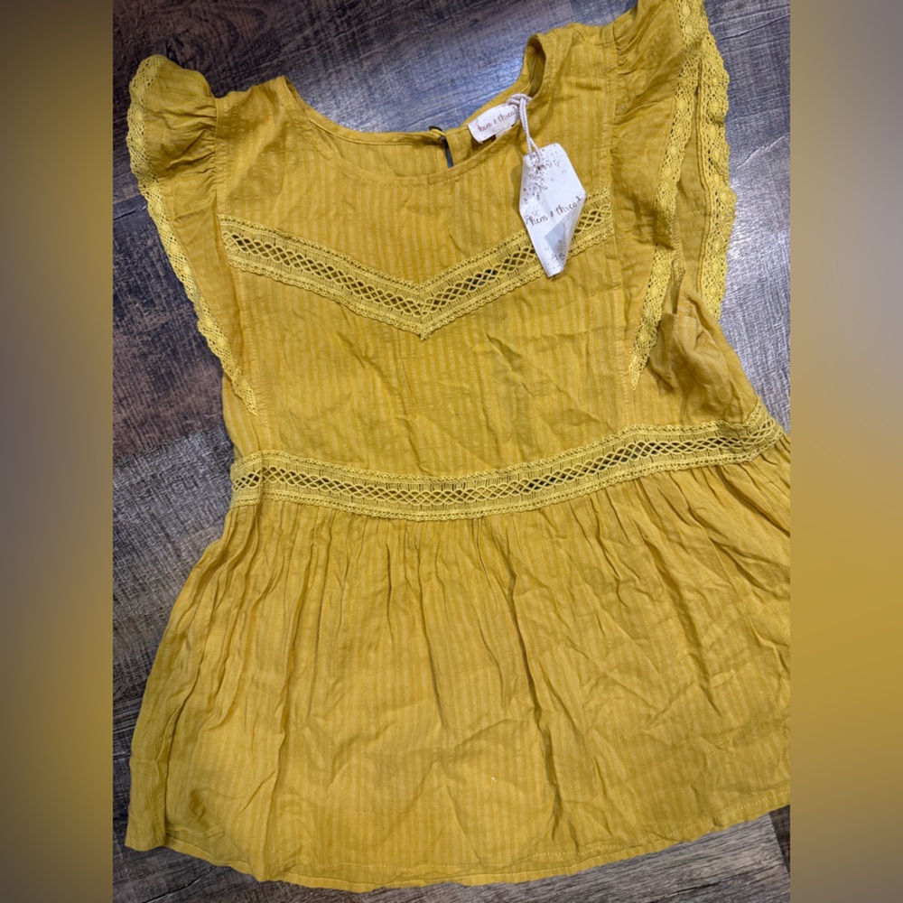 Ladies' Flutter Sleeve Lace-Trim Top in Mustard Yellow